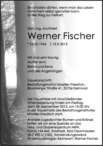 Anzeige  Werner Fischer  Lippische Landes-Zeitung