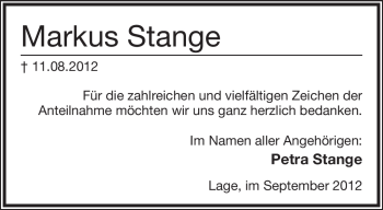Anzeige  Markus Stange  Lippische Landes-Zeitung