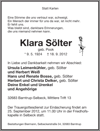 Anzeige  Klara Sölter  Lippische Landes-Zeitung