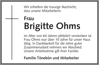 Anzeige  Brigitte Ohms  Lippische Landes-Zeitung