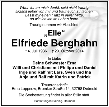 Anzeige  Elfriede Berghahn  Lippische Landes-Zeitung