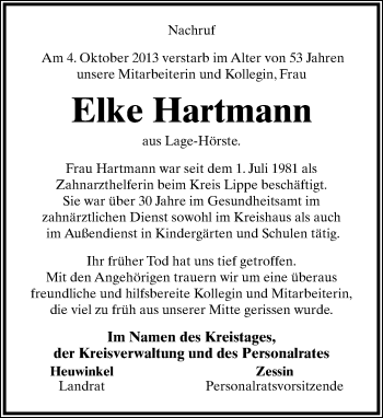 Anzeige  Elke Hartmann  Lippische Landes-Zeitung