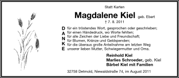 Anzeige  Magdalene Kiel  Lippische Landes-Zeitung