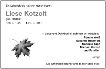 Anzeige  Liese Kotzolt  Lippische Landes-Zeitung