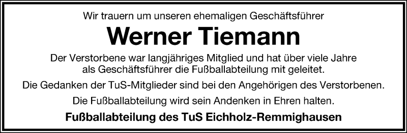  Traueranzeige für Werner Tiemann vom 08.11.2014 aus Lippische Landes-Zeitung