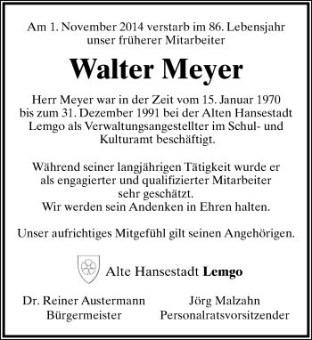 Anzeige  Walter Mayer  Lippische Landes-Zeitung
