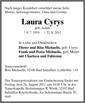 Anzeige  Laura Cyrys  Lippische Landes-Zeitung