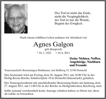 Anzeige  Agnes Galgon  Lippische Landes-Zeitung