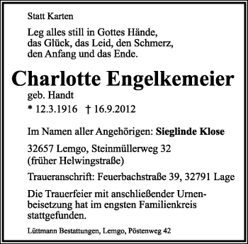 Anzeige  Charlotte Engelkemeier  Lippische Landes-Zeitung