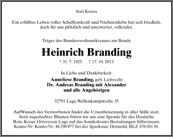 Anzeige  Heinrich Branding  Lippische Landes-Zeitung