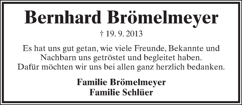  Traueranzeige für Bernhard Brömelmeyer vom 19.10.2013 aus Lippische Landes-Zeitung