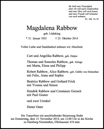Anzeige  Magdalena Rabbow  Lippische Landes-Zeitung