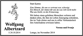 Anzeige  Wolfgang Albertzard  Lippische Landes-Zeitung