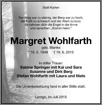Anzeige  Margret Wohlfarth  Lippische Landes-Zeitung