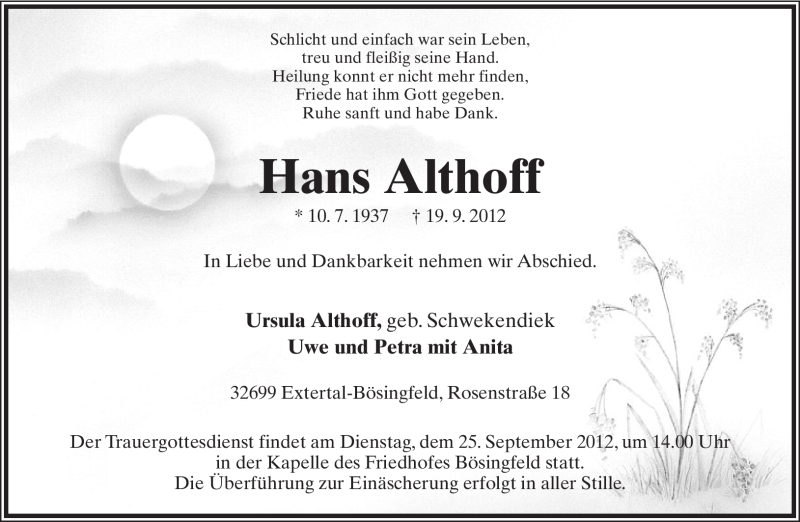  Traueranzeige für Hans Althoff vom 22.09.2012 aus Lippische Landes-Zeitung