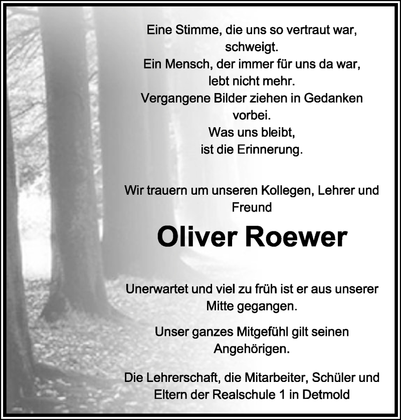  Traueranzeige für Oliver Roewer vom 19.10.2013 aus Lippische Landes-Zeitung