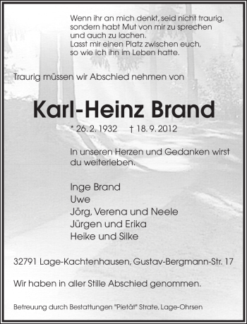 Anzeige  Karl-Heinz Brand  Lippische Landes-Zeitung