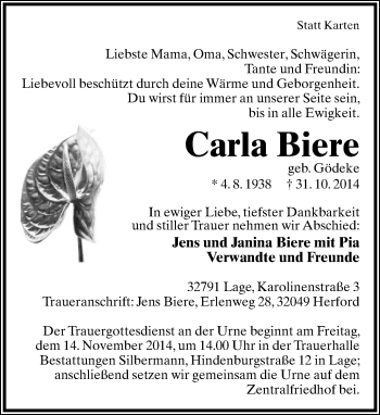 Anzeige  Carla Biere  Lippische Landes-Zeitung