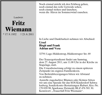 Anzeige  Fritz Wiemann  Lippische Landes-Zeitung