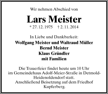 Anzeige  Lars Meister  Lippische Landes-Zeitung