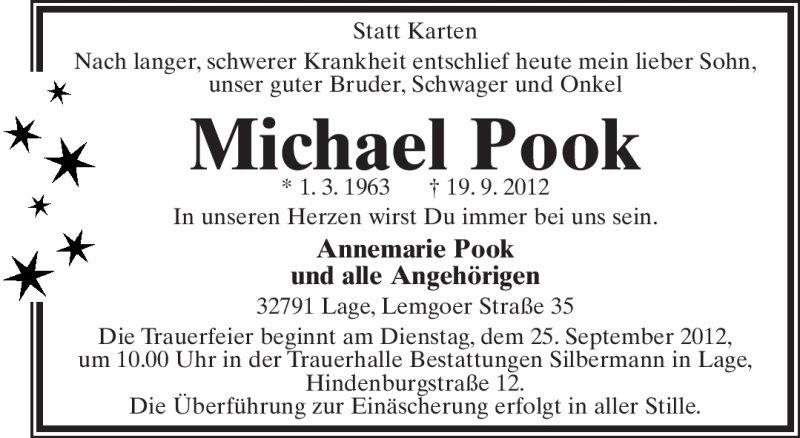  Traueranzeige für Michael Pook vom 22.09.2012 aus Lippische Landes-Zeitung
