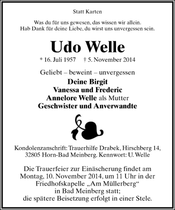 Anzeige  Udo Welle  Lippische Landes-Zeitung