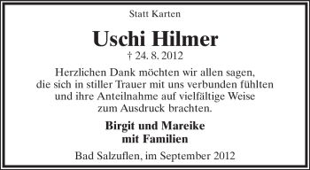 Anzeige  Uschi Hilmer  Lippische Landes-Zeitung