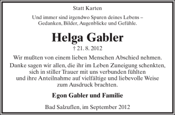 Anzeige  Helga Gabler   Lippische Landes-Zeitung