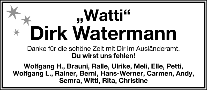  Traueranzeige für Dirk Watermann vom 08.11.2014 aus Lippische Landes-Zeitung