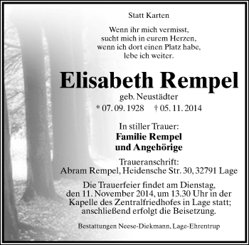 Anzeige  Elisabeth Rempel  Lippische Landes-Zeitung