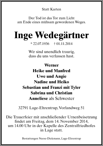 Anzeige  Inge Wedegärtner  Lippische Landes-Zeitung