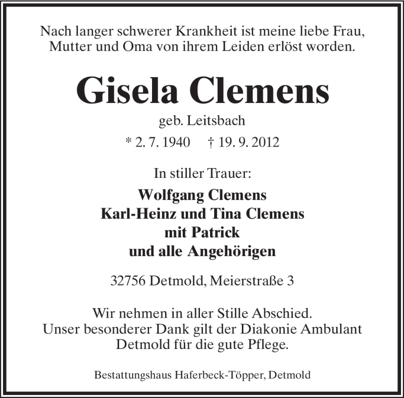  Traueranzeige für Gisela Clemens vom 22.09.2012 aus Lippische Landes-Zeitung