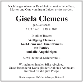 Anzeige  Gisela Clemens  Lippische Landes-Zeitung