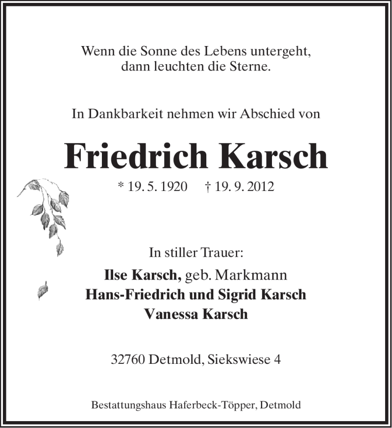  Traueranzeige für Friedrich Karsch vom 22.09.2012 aus Lippische Landes-Zeitung