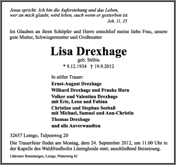 Anzeige  Lisa Drexhage  Lippische Landes-Zeitung