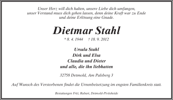 Anzeige  Dietmar Stahl  Lippische Landes-Zeitung