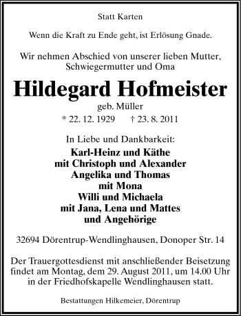 Anzeige  Hildegard Hofmeister  Lippische Landes-Zeitung