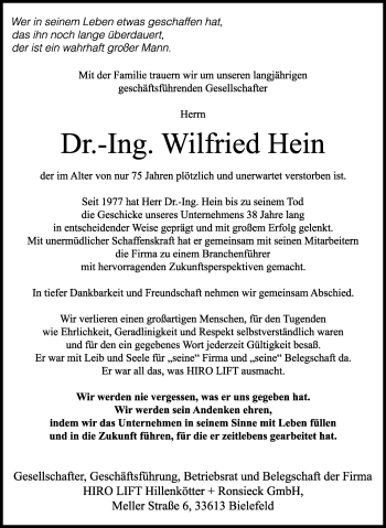 Anzeige  Wilfried Hein  Lippische Landes-Zeitung