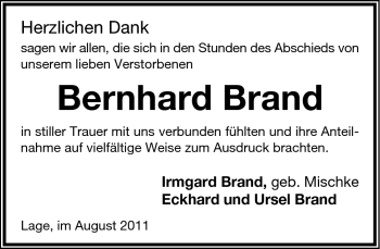 Anzeige  Bernhard Brand  Lippische Landes-Zeitung