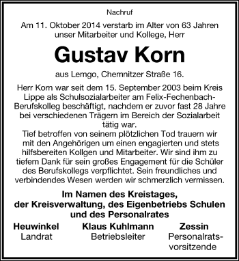 Anzeige  Gustav Korn  Lippische Landes-Zeitung
