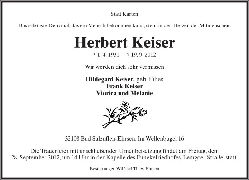  Traueranzeige für Herbert Keiser vom 22.09.2012 aus Lippische Landes-Zeitung