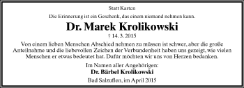 Anzeige  Marek Krolikowski  Lippische Landes-Zeitung