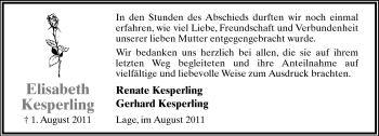 Anzeige  Elisabeth Marie Johanne Kesperling  Lippische Landes-Zeitung