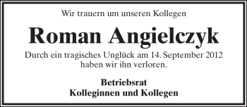 Anzeige  Roman Angielczyk  Lippische Landes-Zeitung