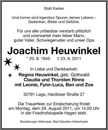 Anzeige  Joachim Heuwinkel  Lippische Landes-Zeitung