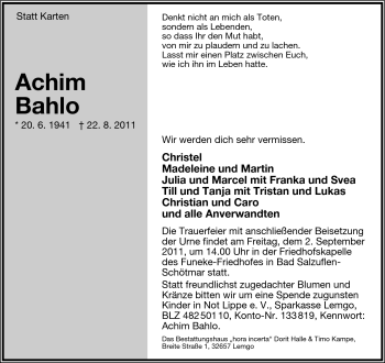Anzeige  Achim Bahlo  Lippische Landes-Zeitung