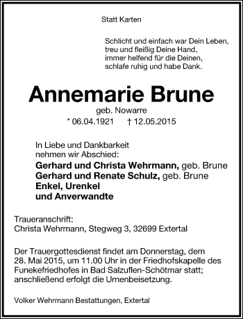 Anzeige  Annemarie Brune  Lippische Landes-Zeitung