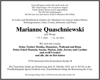 Anzeige  Marianne Quaschiewski  Lippische Landes-Zeitung
