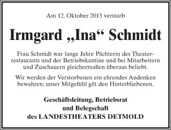 Anzeige  Irmgard Schmidt  Lippische Landes-Zeitung