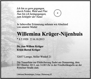 Anzeige  Willemina Krüger-Nijenhuis  Lippische Landes-Zeitung
